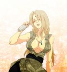  alcohol blonde_hair bottle breasts cleavage drunk facial_mark forehead_mark jewelry large_breasts long_hair naruto naruto_(series) necklace sake sogno solo tsunade 