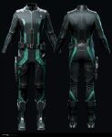  3d aqua_trim belt black_bodysuit blender_(medium) bodysuit boots clothes_focus commentary company_logo copyright_logo copyright_name dark_background dated english_commentary eve_online from_behind full_body gallente_federation_(eve_online) grey_background grey_belt gun handgun highres holster holstered honeycomb_(pattern) honeycomb_print logo long_sleeves marmoset_toolbag_(medium) maya_(medium) multiple_views no_humans official_art photorealistic realistic science_fiction thigh_holster undoz weapon zbrush_(medium) 