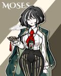  1girl :o black_hair black_pants coat coat_on_shoulders commentary cowboy_shot gloves grey_eyes holding holding_smoking_pipe jacket limbus_company limgumon long_hair looking_at_viewer moses_(project_moon) multicolored_hair neckerchief pants parted_lips project_moon red_neckerchief shirt short_hair simple_background smoking_pipe streaked_hair the_distortion_detective untranslatable_commentary white_hair white_shirt 