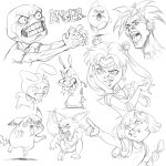  2boys 2girls \m/ angry bald bishoujo_senshi_sailor_moon character_request choker circlet clenched_teeth commentary copyright_request courage_(character) courage_the_cowardly_dog crescent crescent_choker crescent_earrings crossover dora_marquez dora_the_explorer double_bun earrings eevee elbow_gloves english_commentary english_text fangs gloves hair_bun highres holding jewelry kirby kirby_(series) lineart magical_girl monochrome multiple_boys multiple_crossover multiple_girls my_melody my_melody_(series) open_mouth outstretched_arm outstretched_arms pikachu pointing pokemon pokemon_(creature) rage_comic sailor_moon sailor_senshi_uniform sanrio shirt sketch spiked_hair stanley_lau teeth tongue tongue_out tsuki_ni_kawatte_oshioki_yo tsukino_usagi twintails veins white_background 