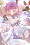  1girl absurdres bangboo_(zenless_zone_zero) bare_shoulders beach breasts cleavage commentary_request detached_sleeves dress eous_(zenless_zone_zero) highres large_breasts looking_at_viewer medium_hair ningmeng_zizi pink_hair purple_eyes remielle_dan short_dress smile solo_focus thighhighs thighs white_dress white_thighhighs white_wings wings zenless_zone_zero 