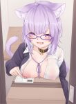  1girl absurdres ahoge animal_ears belt_collar black_jacket blush box breast_rest breasts cardboard_box cat_ears cat_girl cat_tail collar collared_shirt commentary_request covered_nipples fang genkan glasses highres hololive indoors jacket looking_at_viewer medium_breasts nekomata_okayu nekomata_okayu_(oversized_shirt) nipples no_bra one_breast_out open_clothes open_door open_jacket open_mouth other5555 purple-framed_eyewear purple_eyes purple_hair shirt short_hair skin_fang smile solo tail textless_version upper_body variant_set virtual_youtuber white_shirt 