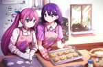  2girls :< absurdres alternate_costume alternate_eye_color alternate_hair_color alternate_hairstyle apron aubrey_(faraway)_(omori) aubrey_(omori) baking_sheet blue_eyes blue_ribbon braid cat chocolate_chip_cookie closed_mouth collared_shirt commentary cookie double-parted_bangs food gloves hair_between_eyes hair_ornament hair_ribbon hairclip highres long_sleeves looking_at_another mari_(faraway)_(omori) mari_(omori) mewo multiple_girls omori pink_apron pink_hair ponytail purple_eyes purple_hair purple_shirt ribbon shirt sidelocks single_braid smile sweatdrop vase white_gloves white_shirt window zhentan10806 