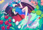  1boy absurdres antenna_hair barefoot basil_(headspace)_(omori) basil_(omori) big_yellow_cat_(omori) blue_overalls brick_st cactus camera closed_mouth collared_shirt colored_skin commentary double-parted_bangs egret_orchid flower flower_wreath full_body gladiolus green_eyes green_hair green_shirt hair_between_eyes head_wreath highres holding holding_camera lily_of_the_valley looking_at_viewer male_focus noose omori overall_shorts overalls red_flower red_rose rose shirt short_hair short_sleeves sidelocks smile solo tree tulip white_flower white_skin white_tulip 