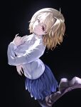  1girl :3 absurdres antenna_hair arched_back arcueid_brunestud arm_under_breasts black_background black_pantyhose blonde_hair blue_skirt boots breasts brown_boots buckle_boot commentary_request foreshortening from_above hair_between_eyes hand_on_own_chest highres jewelry leg_up looking_at_viewer looking_up m1ra1 miniskirt necklace pantyhose pleated_skirt red_eyes shade short_hair skirt solo standing standing_on_one_leg sweater tsukihime tsukihime_(remake) turtleneck turtleneck_sweater white_sweater 
