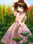  1girl animal_ears arm_behind_head blue_sky blush brown_hair carrot_necklace cattail commentary_request dress feet_out_of_frame floppy_ears holding holding_plant inaba_tewi jewelry light_frown lotus_leaf medium_hair necklace outdoors pink_dress plant rabbit_ears rabbit_girl red_eyes retrochaossan short_sleeves sky solo touhou 