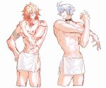  2boys arm_tattoo armlet ayuko_1018 bite_mark bite_mark_on_leg bite_mark_on_neck bite_mark_on_pectorals bite_mark_on_shoulder black_choker blonde_hair blue_hair chest_tattoo choker cropped_legs facial_tattoo grey_background hand_on_own_hip highres honkai:_star_rail honkai_(series) implied_after_sex jewelry leg_tattoo long_hair looking_at_another male_focus multicolored_hair multiple_boys mydei_(honkai:_star_rail) naked_towel neck_tattoo no_nipples nude orange_hair pectorals phainon_(honkai:_star_rail) red_tattoo short_hair simple_background standing stretching sun_symbol sun_tattoo tattoo topless_male towel towel_around_waist two-tone_hair yaoi 