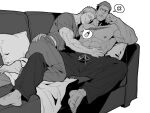  2boys abs anger_vein baby_bottle barefoot billy_kane bottle closed_eyes commentary couch cuddling earrings fatal_fury greyscale hand_on_another's_ass head_on_chest jewelry looking_at_another male_focus monochrome multiple_boys muscular muscular_male nipples on_couch pants pillow plasticcero99 scar scar_on_chest shirt short_hair smile spoken_anger_vein spoken_object stud_earrings sweatpants t-shirt the_king_of_fighters topless_male untranslatable_commentary yamazaki_ryuuji yaoi 