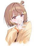  1girl absurdres brown_hair brown_necktie caorigasuru closed_mouth collared_shirt commentary_request cropped_torso gradient_eyes hair_ornament hair_rings hand_to_own_mouth hand_up highres hood hood_down hooded_jacket jacket looking_at_viewer medium_hair multicolored_eyes necktie orange_eyes purple_eyes sendo_yuuhi sendo_yuuhi_(1st_costume) shirt simple_background single_hair_ring smile solo tongue tongue_out v-shaped_eyebrows virtual_youtuber vspo! white_background white_shirt yellow_eyes yellow_jacket 