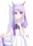  1girl absurdres animal_ears aqua_bow bow commentary_request cowboy_shot hand_on_own_chest highres holding_own_skirt horse_ears horse_girl horse_tail mejiro_mcqueen_(umamusume) pleated_skirt purple_eyes school_uniform shadow short_sleeves signature simple_background skirt smile solo standing summer_uniform tachibana_shiori_(suica_112) tail thighhighs tracen_school_uniform umamusume white_background white_thighhighs 