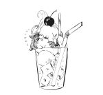  >_< bendy_straw cherry closed_eyes cup drinking_straw flying_sweatdrops food fruit greyscale highres ice ice_cream ice_cube in_container in_cup mame_nabe_donko meisho_doto_(umamusume) monochrome open_mouth simple_background solo tears umamusume white_background 