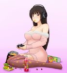  bangs bare_shoulders black_hair blunt_bangs bottomless boukun_habanero breasts brown_eyes cleavage collarbone controller covered_nipples game_console game_controller gamepad headphones hips houraisan_kaguya large_breasts legs long_hair looking_at_viewer pepsi pepsi_azuki pink playing_games pringles print_legwear product_placement simpson_(gonpurin) sitting solo sony straight_hair sweater thighhighs touhou wariza xbox_360 