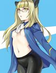  animal_ears bad_id bad_pixiv_id black_legwear blonde_hair breasts glasses lips long_hair navel no_panties okeya_(ol23) open_clothes pantyhose perrine_h_clostermann small_breasts solo strike_witches world_witches_series yellow_eyes 