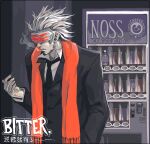  1boy ace_attorney coffee collared_shirt commentary english_commentary facial_hair goatee_stubble godot_(ace_attorney) hand_in_pocket head-mounted_display jacket long_sleeves male_focus necktie orange_scarf parted_lips rem_(tsulala) scarf shirt short_hair solo stubble 
