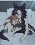  2girls animal_ears bed black_tank_top brown_hair camisole closed_eyes closed_mouth commentary_request cuddling female_trainer_(umamusume) green_camisole green_eyes hand_on_another's_neck highres horse_ears horse_girl horse_tail hug jewelry long_hair looking_at_another multiple_girls original parted_lips pillow pinosuke ring sleeping smile speed_symboli_(umamusume) tail tank_top trainer_(umamusume) umamusume under_covers wedding_ring wife_and_wife yuri 