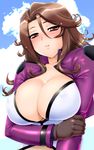  blush breasts brown_hair celestial_being_uniform cleavage cloud covered_nipples day gloves gundam gundam_00 huge_breasts long_hair red_eyes sky solo sumeragi_lee_noriega ueyama_michirou 