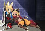  7th_dragon 7th_dragon_(series) animal_ears blonde_hair bodysuit boots forehead fox_ears green_eyes hatch_(7th_dragon) high_ponytail mary_janes midriff minami_juujisei multiple_girls namuna_(7th_dragon) navel rogue_(7th_dragon) samurai_(7th_dragon) shoes sword tan weapon 