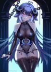  1girl ahoge animal_ears asymmetrical_horns black_bridal_gauntlets black_nails black_thighhighs blue_hair body_markings breasts bridal_gauntlets broken_handcuffs chain demon_girl demon_horns dieselhuh facial_mark hair_intakes heart heart_ahoge highres horns indie_virtual_youtuber large_breasts long_hair looking_at_viewer multicolored_hair orca_girl pubic_tattoo purple_eyes revealing_clothes see-through_cleavage see-through_clothes shylily shylily_(succubus) solo tattoo thighhighs thighs tongue tongue_out virtual_youtuber white_hair 