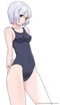  ayanami_rei bad_id bad_pixiv_id blue_hair breasts covered_nipples cowboy_shot hand_on_own_arm holding_arm kari_(kakko_k) neon_genesis_evangelion one-piece_swimsuit red_eyes small_breasts solo swimsuit 