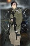  1boy adam_lanza ar-15 baggy_clothes baggy_pants black_gloves blurry blurry_background broken_window brown_hair bullet_hole cargo_pants collar commentary english_commentary fingerless_gloves gloves goodfolk2 green_jacket gun gun_sling highres holding holding_gun holding_weapon jacket looking_ahead magazine_(weapon) male_focus military_jacket object_in_pocket pants photo_background pocket real_life rifle sandy_hook_elementary_school_shooting school short_hair swept_bangs true_crime weapon 