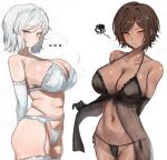  ... 2girls arm_behind_back babydoll babydoll_lift bare_shoulders black_babydoll black_gloves black_panties blue_eyes blush bra breasts brown_eyes brown_hair cleavage closed_mouth clothes_lift collarbone commentary cowboy_shot dark-skinned_female dark_skin elbow_gloves faust_(project_moon) garter_belt gloves halterneck highres large_breasts light_frown limbus_company lingerie looking_at_viewer multiple_girls navel outis_(project_moon) panties presenting_own_body project_moon see-through_clothes short_hair simple_background squiggle standing steaming_body stomach strap_gap string_panties sweat thighhighs tomosakaaa underwear white_background white_bra white_garter_belt white_hair white_panties white_thighhighs 