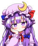  1girl absurdres blue_bow blush bow bowtie capelet closed_mouth commentary crescent crescent_hat_ornament dress frilled_capelet frills hair_bow hand_on_own_cheek hand_on_own_face hat hat_ornament highres lolipop_bomb long_hair long_sleeves looking_at_viewer mob_cap patchouli_knowledge pink_capelet pink_dress pink_hat purple_eyes purple_hair red_bow red_bowtie simple_background solo striped_clothes striped_dress touhou upper_body vertical-striped_clothes vertical-striped_dress white_background 