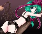  ass bdsm blue_eyes bondage bound bra breasts clenched_teeth front_ponytail garter_belt green_hair hands kagiyama_hina lingerie looking_back medium_breasts panties ribbon scared shimo_(depthbomb) solo teeth thighhighs touhou underwear underwear_only whip 