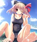  bare_shoulders barefoot blonde_hair breasts cameltoe fat_mons feet hair_ribbon large_breasts older one-piece_swimsuit one_eye_closed ribbon rumia s_black school_swimsuit short_hair sitting solo spread_legs swimsuit touhou water 
