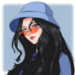  1girl black_hair blue_hat commentary hat highres long_hair nico_robin o_soe_draws23 one_piece orange-tinted_eyewear pink_lips simple_background solo sunglasses tinted_eyewear upper_body 