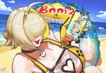  2girls abarabonebokio ahoge beach breasts cellphone clothing_cutout cloud commentary_request elegg_(boom_and_shock)_(nikke) elegg_(nikke) fang game_controller_print gloves goddess_of_victory:_nikke hair_intakes hair_over_eyes heart_cutout highres holding holding_phone innertube large_breasts long_bangs multiple_girls ocean official_alternate_costume open_mouth outdoors phone rabbit_choker see-through_clothes see-through_slingshot_swimsuit short_hair sky slingshot_swimsuit smartphone smile swim_ring swimsuit trony_(nikke) two-sided_gloves two-tone_slingshot_swimsuit yellow_slingshot_swimsuit 
