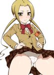  armband bad_id bad_pixiv_id blonde_hair blush hagimura_suzu hands_on_hips highres long_hair no_legwear panties school_uniform seitokai_yakuindomo skirt solo thick_thighs thighs twintails underwear upskirt yellow_eyes yukimasa_(nkk145) 