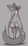 1girl animal_ears animal_hands anubis_(monster_girl_encyclopedia) ass backboob black_fur breasts claws commentary dark-skinned_female dark_skin dog_paws egyptian_mythology english_commentary from_behind full_body hair_tie hime_cut holding holding_hair_tie izra jackal_ears jackal_tail kiya_anput large_ears long_tail looking_back mane monster_girl monster_girl_encyclopedia neck_ruff neck_tuft original panties sitting smile solo striped_clothes striped_panties tail tail_in_panties twintails tying_hair underwear 