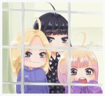  3girls ahoge black_hair blonde_hair blunt_bangs bob_cut chibi commentary eunha_(gfriend) gfriend highres hood hoodie kasurinjung looking_ahead medium_hair multiple_girls open_mouth purple_hoodie signature sinb_(gfriend) yuju_(gfriend) 