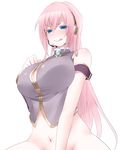  bad_id bad_pixiv_id blue_eyes blush bottomless breasts headphones headset huge_breasts long_hair megurine_luka naughty_face pink_hair simple_background solo tyobimiru vocaloid 
