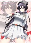  1girl artist_name bambietta_basterbine belt black_belt black_hair bleach bleach:_sennen_kessen-hen breasts brooch buckle commentary_request gloves hair_between_eyes hand_on_own_chest hat heart heart-shaped_buckle heart_brooch highres jacket jewelry large_breasts light_blush light_smile long_hair looking_at_viewer military_jacket peaked_cap pleated_skirt purple_eyes skirt syouzyon_1223 very_long_hair white_gloves white_hat white_jacket white_skirt zoom_layer 