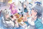  1boy 3girls abbystea animal_ears aqua_eyes bad_source blue_eyes chicken_sandwich commentary_request crop_top drink eating feixianji_(hairstyle) feixiao_(honkai:_star_rail) food food_in_mouth forehead_jewel fox_ears fox_girl french_fries fu_xuan_(honkai:_star_rail) grey_hair hair_intakes hair_over_one_eye hair_rings highres holding holding_drink holding_food holding_sandwich honkai:_star_rail honkai_(series) jacket jewelry jing_yuan long_hair multiple_girls navel necklace pink_hair pink_sweater ponytail restaurant rostic's russian_commentary salute sandwich selfie sitting soda sweater tank_top tray turtleneck two-finger_salute v white_hair white_jacket white_tank_top yao_guang_(honkai:_star_rail) yellow_eyes 