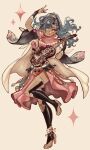  1girl anklet arm_up black_bridal_gauntlets black_thighhighs blue_hair bridal_gauntlets bridal_legwear brown_background chimney_(chimney0311) cloak closed_mouth commentary dark-skinned_female dark_skin earrings english_commentary fire_emblem fire_emblem:_fortune's_weave full_body gold_anklet gold_earrings green_eyes head_chain high_heels high_ponytail highres holding holding_instrument instrument jewelry leda_(fire_emblem) leg_up long_hair looking_at_viewer pink_skirt ponytail side_slit simple_background skirt smile solo sparkle standing standing_on_one_leg thigh_strap thighhighs toeless_legwear white_cloak 