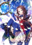  bangs black_bow blue_gloves blue_legwear blue_sky blush bow bowtie breasts brown_footwear brown_hair cape commentary_request dress elbow_gloves fate/grand_order fate_(series) frills gabiran gauntlets gloves grin hair_bow legs leonardo_da_vinci_(fate/grand_order) long_hair looking_at_viewer parted_bangs parted_lips ponytail puffy_short_sleeves puffy_sleeves red_dress short_sleeves sky small_breasts smile solo staff 