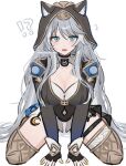  !? 1girl alternate_hair_length_(longer) animal_ear_fluff animal_ears black_gloves black_hood blue_eyes breasts cat_ears cat_girl cipher_(honkai:_star_rail) cleavage fingerless_gloves gloves haruo_(haruooimo) highres honkai:_star_rail honkai_(series) large_breasts long_hair looking_at_viewer open_mouth simple_background sitting solo wariza white_background yellow_nails 