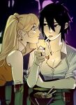  2girls black_eyes black_hair blonde_hair blue_eyes breasts cigarette cleavage collared_shirt earrings facial_mark genderswap genderswap_(mtf) hair_between_eyes highres j1nxxdd jewelry lighting_cigarette long_hair looking_at_another medium_breasts multiple_girls naruko_(naruto) naruto_(series) naruto_shippuuden orange_shirt shirt short_hair sleeveless sleeveless_shirt sleeves_rolled_up smoking twintails uchiha_sasuke whisker_markings white_shirt yuri 