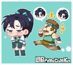  1boy 1girl :d bartre_(fire_emblem) black_eyes blue_background blue_dress blush border bow brown_hair brown_pants chibi chibi_only dress facial_hair father_and_child father_and_daughter fingerless_gloves fir_(fire_emblem) fire_emblem fire_emblem:_the_binding_blade full_body gloves green_shirt hair_bow jacket long_hair mustache open_clothes open_jacket open_mouth pants parameciumkun parent_and_child ponytail purple_hair running shirt short_hair sleeveless sleeveless_shirt smile spoken_character sweatdrop teeth twitter_username white_border white_jacket 