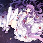  alternate_costume bare_shoulders bow bow_legwear choker crescent crescent_hair_ornament dress face finger_to_mouth full_moon hair_bow hair_ornament hand_in_hair lace lace-trimmed_thighhighs legs long_hair long_legs lying moon no_hat no_headwear on_back patchouli_knowledge purple_eyes purple_hair ribbon solo star tearfish thighhighs touhou very_long_hair white_dress white_legwear wrist_cuffs wrist_ribbon 