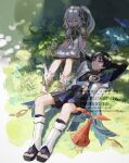  1boy 1girl absurdres aranara_(genshin_impact) ararycan_(genshin_impact) armlet arms_at_sides arms_behind_head asymmetrical_sidelocks black_bodysuit black_bow black_bridal_gauntlets black_hair black_sandals black_shorts blue_cape blue_gem blue_kimono blue_sleeves blunt_ends bodysuit book bow bracelet braid bridal_gauntlets cape closed_eyes closed_mouth detached_sleeves dress eyelashes facing_down feathers full_body furisode gem genshin_impact gold gold_armlet gold_bracelet gold_trim grass green_cape green_gem green_hair green_sleeves grey_trim hair_between_eyes hair_ornament hakama hakama_shorts half_crown_braid heart heart_hair_ornament highres holding holding_book japanese_clothes jewelry juban kimono layered_sleeves leaf leaf_hair_ornament leg_warmers long_hair looking_at_another lying mandarin_collar mayonakaniwa multicolored_hair nahida_(genshin_impact) on_back on_ground open_book open_clothes open_kimono open_mouth pleated_shorts pom_pom_(clothes) purple_eyes purple_rope purple_sash reading rope sandals sash scaramouche_(genshin_impact) short_dress short_sleeves shorts shoulder_peek side_cape side_ponytail sidelocks sitting socks streaked_hair tassel toeless_legwear toeless_socks toenails toes tsurime twitter_username vision_(genshin_impact) wanderer_(genshin_impact) watermark white_dress white_hair white_kimono white_leg_warmers white_sleeves white_socks white_trim wispy_bangs yellow_feathers zouri 