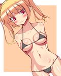  arms_behind_back bikini blonde_hair blush breasts covered_nipples dutch_angle embarrassed highres long_hair medium_breasts micro_bikini navel original red_eyes shichuu solo string_bikini swimsuit transparent_background twintails 