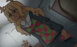  1girl antlers black_eyes black_skirt black_sleeves blonde_hair cellphone checkered_clothes checkered_sweater_vest collared_shirt commentary crying crying_with_eyes_open curly_hair deer_antlers deer_girl deltarune derivative_work dutch_angle eepyastro english_commentary furry furry_female green_sweater_vest highres holding holding_phone horns kamen_no_watashi_ni_sayonara_wo_(project_sekai) long_hair mini_christmas_tree noelle_holiday open_mouth phone pleated_skirt project_sekai red_sweater_vest shirt skirt smartphone solo sweater_vest tears two-tone_sweater_vest utdr_(toby_fox) white_shirt 
