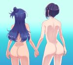  2girls absurdres ass back bare_arms bare_legs bare_shoulders bleach blue_hair commission commissioner_upload completely_nude female_shez_(fire_emblem) fire_emblem fire_emblem:_three_houses fire_emblem_warriors:_three_hopes from_behind gradient_background highres holding_hands mango_(mgosketches) multiple_girls non-web_source nude photo-referenced purple_hair shamir_nevrand short_hair thighs 