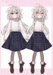  +_+ 1girl a-pose ahoge bespectacled black_shoes black_skirt blush boots border bow breasts brown_pantyhose buttons cable_knit character_logo character_name closed_mouth commentary_request crossed_bangs curved_horns footwear_bow full_body fur-trimmed_boots fur_trim glasses grey_hair hair_between_eyes hair_bow hair_ornament hanasaki_ayame hanasaki_ayame_(artist) highres horns indie_virtual_youtuber long_hair long_sleeves looking_at_viewer official_alternate_costume official_alternate_hairstyle official_art pantyhose pink_border pink_ribbon plaid_clothes plaid_skirt pom_pom_(clothes) pom_pom_hair_ornament red_eyes reference_sheet ribbed_sweater ribbon round_eyewear self-portrait shoes skirt sleeves_past_wrists small_breasts smile standing striped_background sweater v-shaped_eyebrows vertical-striped_background virtual_youtuber white_background white_horns white_sweater winter_clothes 