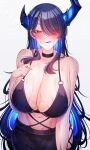  1girl absurdres alternate_costume asymmetrical_horns bare_shoulders bikini black_bikini black_choker black_hair black_horns blue_hair blue_tongue blush breasts choker cleavage collarbone colored_inner_hair colored_tongue craymer demon_horns eyes_visible_through_hair hair_ornament hair_over_one_eye highres hololive hololive_english horns large_breasts long_hair looking_at_viewer mole mole_under_eye multicolored_hair nerissa_ravencroft o-ring o-ring_bikini one_eye_covered open_mouth red_eyes simple_background smile solo swimsuit teeth tongue tongue_out two-tone_hair uneven_horns very_long_hair virtual_youtuber white_background 