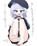  1girl absurdres ass bare_shoulders barefoot black_hat black_jacket black_nails blue_archive blue_eyes blue_hair choker collarbone commentary_request fang feet hands_up hat highres jacket looking_at_viewer mesugaki open_mouth panties sailor_collar school_uniform soles sumika_(blue_archive) thighs underwear upskirt white_panties yuetian 
