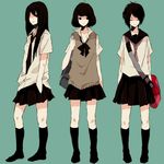  bad_id bad_pixiv_id bag black_eyes black_hair bow closed_eyes copyright_request hands_in_pockets kana_(kwbr) long_hair multiple_girls necktie school_bag school_uniform short_hair simple_background skirt socks sweater 